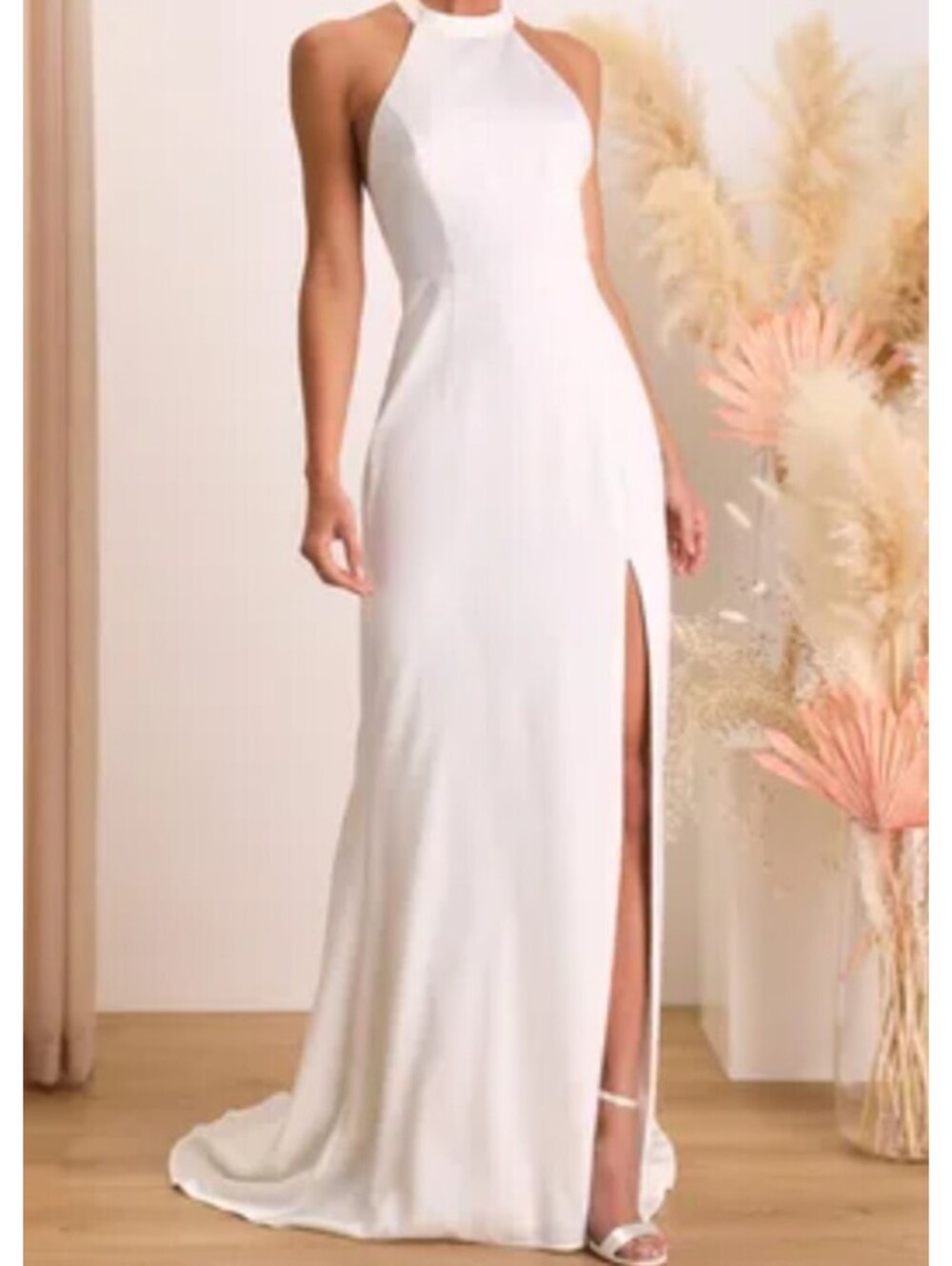 SHERRI HILL white satin high neck open back maxi dress sz 6